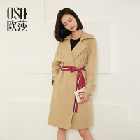 OSA欧莎2017春季新款女装 卡其色翻领系带中长款风衣女A23009