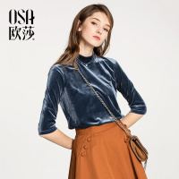 OSA欧莎2018春装韩版修身女装短款五分袖立领打底丝绒T恤女