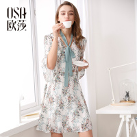 欧莎2017春季新款女装文艺系带印花喇叭袖雪纺连衣裙
