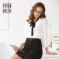 欧莎2017新款女装白色简约时尚九分袖系带雪纺衫