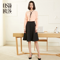 欧莎2017春装新款立领系带时尚拼接镂空长袖雪纺衫