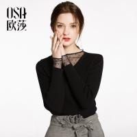 OSA欧莎2018春款性感修身长袖网纱拼接上衣打底毛衣蕾丝针织衫女