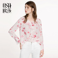 OSA欧莎2018春装新款女装时尚印花简约V领舒适长袖雪纺衫A17014