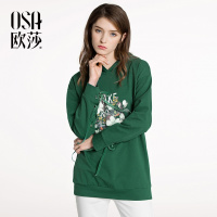 OSA欧莎2018春装新款女装花朵印花 绑带点缀连帽卫衣