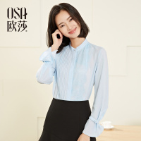 OSA欧莎2017春装新压褶蕾丝拼接荷叶袖通勤长袖衬衫