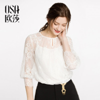 OSA欧莎2018春夏新款镂空蕾丝气质雪纺衫两件套套装圆领网纱上衣