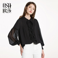 OSA欧莎2018春装新款 优雅系带拼接荷叶边雪纺衬衫女A12018