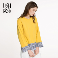OSA欧莎2018春装新款女装 舒适圆领拼接条纹长袖卫衣A32007