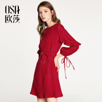 OSA欧莎2018春装花瓣袖名媛收腰中长款绑带 长袖连衣裙