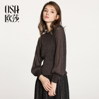 欧莎2018春装黑色亮金丝长袖上衣女修身保暖灯笼袖打底毛衣针织衫