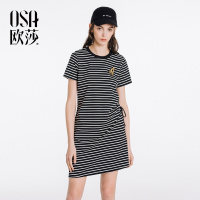 OSA欧莎2018夏装新款 圆领黑白条纹侧边系带连衣裙B13004