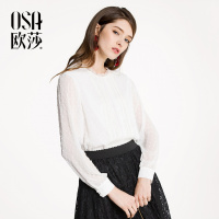 OSA欧莎2018春装修身公主立体花朵打底褶皱白色蕾丝雪纺衫上衣女