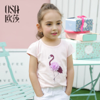 欧莎2017夏季新款童装粉红色甜美小天鹅印花女童T恤