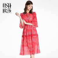 OSA欧莎2018夏装新款女装舒适时尚系带吊带连衣裙