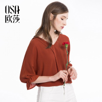 OSA欧莎2018夏装宽松V领上衣纯色百搭休闲雪纺衬衫女