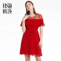 OSA欧莎2018夏装新款 优雅时尚钉珠收腰连衣裙B13016