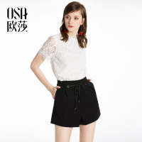 OSA欧莎2018春装新款女装简约纯色系带休闲裤