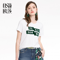欧莎18夏装新款女装白色T恤女短袖宽松复古纯色个性印花韩版上衣