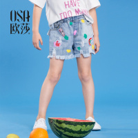 OSA欧莎2018夏装新款童装 活泼趣味章仔贴布时尚破洞牛仔短裤