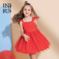欧莎女童2018夏装新款公主裙红色无袖网纱连衣裙礼服中大童