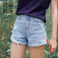 OSA欧莎2018夏季复古港味chic破洞阔腿高腰牛仔短裤乞丐热裤女