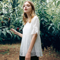 OSA欧莎2018夏季新款甜美超仙宽松V领白色碎花娃娃衫雪纺衫上衣