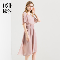 OSA欧莎雪纺极简主义露肩小心机收腰连衣裙女夏2018新款显瘦裙