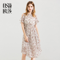 欧莎慵懒风裙子露肩连衣裙女夏2018新款复古中长款温柔裙超仙收腰