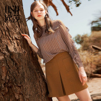 OSA欧莎半身裙秋2018新款裙子A字裙 优雅条纹百搭A字纯色半身裙