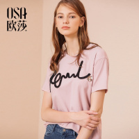 osa欧莎2018秋装字母印花体恤短袖粉色T恤ins超火的上衣女潮夏