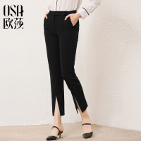 OSA欧莎休闲裤女秋2018新款不规则黑色裤子 简约舒适九分休闲裤