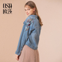 OSA欧莎外套女秋2018秋装新款牛仔服 时尚中国风刺绣牛仔外套