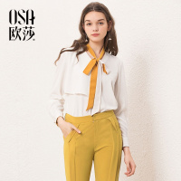 OSA欧莎2018秋装超仙洋气白色长袖蝴蝶结V领宽松雪纺衫上衣女夏