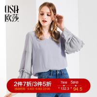 OSA欧莎遮肚子雪纺衫飘逸V领上衣女夏秋装2018新款超仙甜美洋气