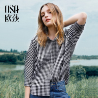 OSA欧莎2018秋装港风polo衫宽松纯棉黑白格子七分袖衬衫上衣女夏