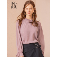 OSA欧莎2018秋装超仙甜美飘逸气质宽松长袖粉色雪纺衫上衣女