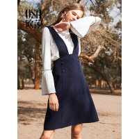OSA欧莎2018秋季新款A字裙背带裙 个性休闲纯色工装背带半身裙
