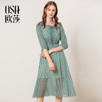 OSA欧莎港味复古条纹休闲中长款连衣裙女夏秋装2018气质裙子
