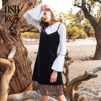 OSA欧莎2018秋装冷淡风气质V领丝绒直筒带拼接蕾丝连衣裙