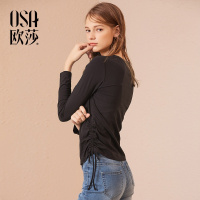 OSA欧莎2018秋季chic圆领个性修身显瘦棉质打底长袖黑色T恤上衣女
