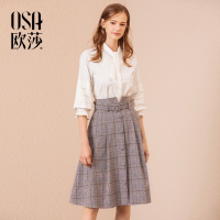 OSA欧莎半身裙女秋2018秋装中长款裙子 收腰百褶格子A字半身裙