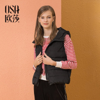 OSA欧莎2018冬装复古黑色轻薄连帽短款韩版无袖马甲羽绒服女