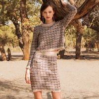 OSA欧莎2018秋季新款圆领格子高腰流苏两件套套装包臀裙