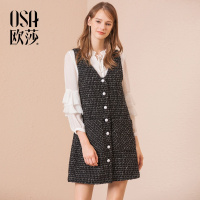 OSA欧莎2018秋装新款复古V领无袖粗花呢单排扣中长款连衣裙