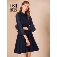 OSA欧莎2018秋季ins修身显瘦收腰中长款长袖荷叶边polo纯棉连衣裙