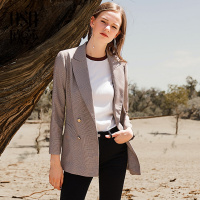 OSA欧莎外套女秋2018新款千鸟格西服复古百搭格子时尚西装外套