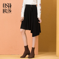 OSA欧莎2018秋冬chic复古ins超火的黑色高腰不规则半身裙女