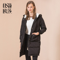 OSA欧莎2018冬季新款韩版chic黑色连帽中长款棉服外套女