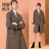 OSA欧莎2018冬装新款千鸟格宽松中长款格子毛呢外套大衣女
