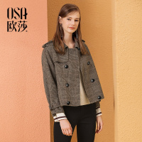 OSA欧莎2018冬装复古格子英伦风风衣式短款双面呢毛呢外套女